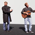 Two Men Singing and Playing Acoustic Guitar with Microphone on Stage