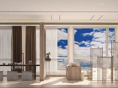 Modern Tea House Interior Design With Large Windows Wooden Furniture And Green Plants 3d model