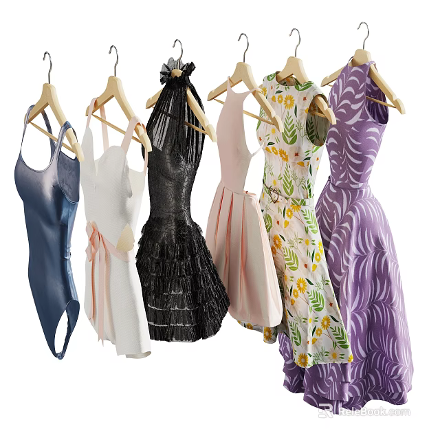 Stylish Dresses In Multiple Colors With Straps Floral Prints And Ruffles Hanging On Wooden Hangers 3d model 