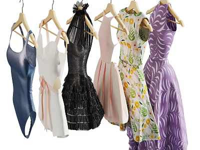 Stylish Dresses In Multiple Colors With Straps Floral Prints And Ruffles Hanging On Wooden Hangers 3d model
