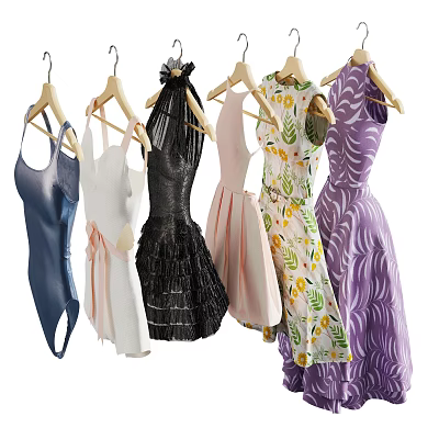 Stylish Dresses In Multiple Colors With Straps Floral Prints And Ruffles Hanging On Wooden Hangers 3d model