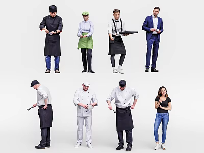 Group of Restaurant Staff Including Chefs Waiters and Manager in Professional Uniforms Standing Together 3d model