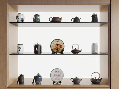 Traditional Tea Sets Display On Wooden Shelves With Various Teapots And Tea Cakes 3d model