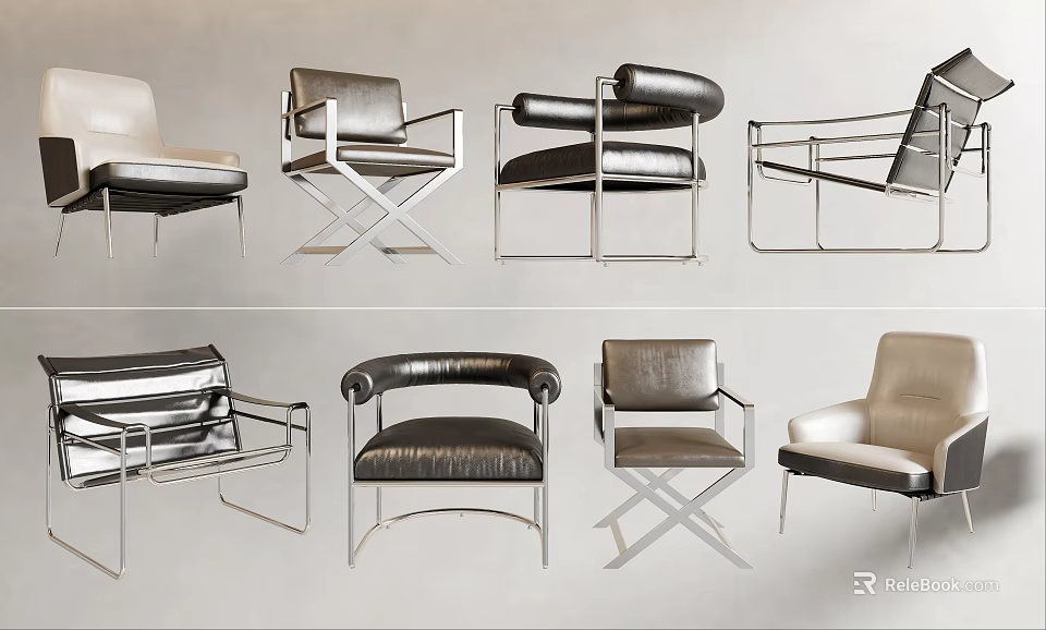 Sleek Modern Leisure Chairs With Metal Frames And Leather Seats In Various Styles 3d model 