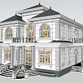 Elegant Detached Villa With White Exterior Ornate Roof Arched Windows Grand Staircase And Columns