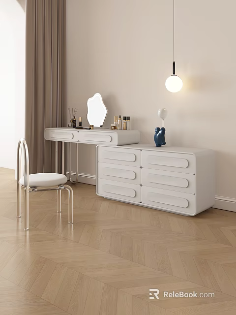 Modern White Dressing Table with Drawers Chair Decorative Mirror and Cosmetics 3d model 