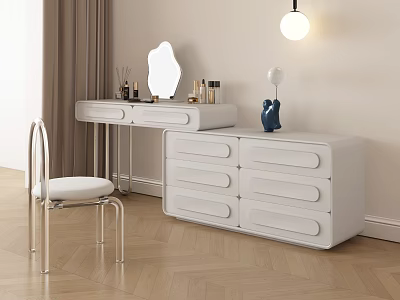 Modern White Dressing Table with Drawers Chair Decorative Mirror and Cosmetics 3d model