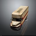 Vintage Box Truck With Beige Body And Red Striped Design On Dark Background