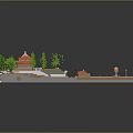 Cartoon Scene With Orange Buildings Green Grass Trees Paths And Street Lamps