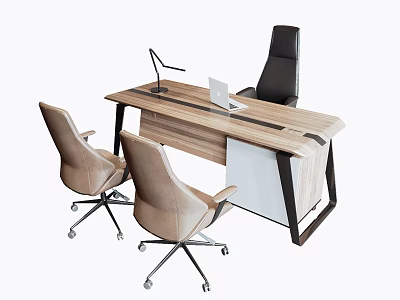 Modern Office Desk With Wooden Top Metal Frame Table Lamp Laptop And Beige Black Chairs 3d model