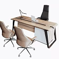 Modern Office Desk With Wooden Top Metal Frame Table Lamp Laptop And Beige Black Chairs