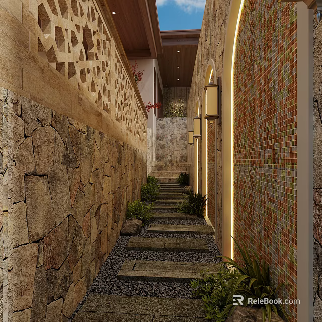 Rustic Garden Walkway With Natural Stone Walls Warm Ambient Lights And Green Ornamental Plants 3d model 