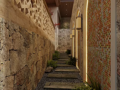 Rustic Garden Walkway With Natural Stone Walls Warm Ambient Lights And Green Ornamental Plants 3d model
