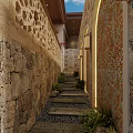 Rustic Garden Walkway With Natural Stone Walls Warm Ambient Lights And Green Ornamental Plants