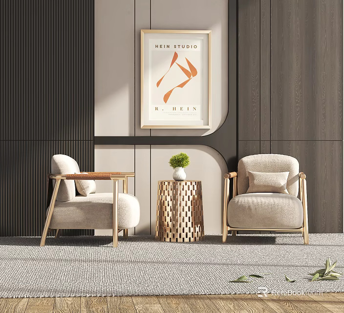 Two Beige Leisure Chairs With Wooden Armrests Golden Hollow Out Table And Green Plant 3d model 