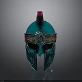 Ancient Metallic Decorative Helmet With Intricate Engravings And Blue Red Accents