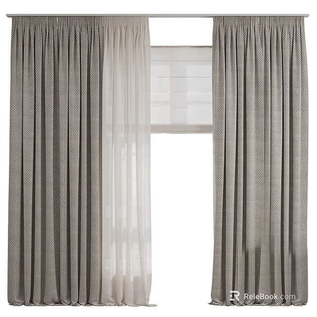 Gray Textured Curtains With Sheer White Panels For Home Window Decor 3d model 