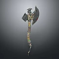 Ornate Decorative Axe With Winged Head And Carved Handle Details