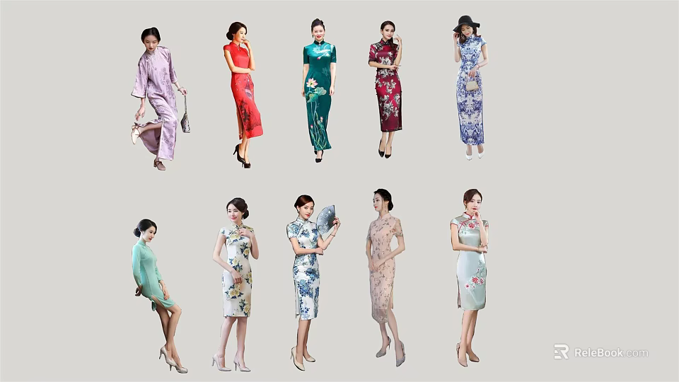 Multiple Women Wearing Traditional Qipao Dresses In Various Colors And Styles 3d model 