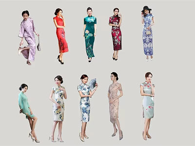 Multiple Women Wearing Traditional Qipao Dresses In Various Colors And Styles 3d model