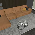 Modern Brown Leather Sectional Sofa Living Room Interior With Coffee Table And Wooden Wall