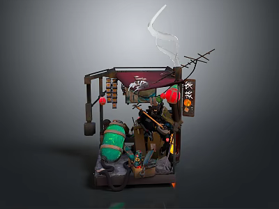 Traditional Street Tea Stall With Red Lanterns Green Barrel And Decorative Flags 3d model