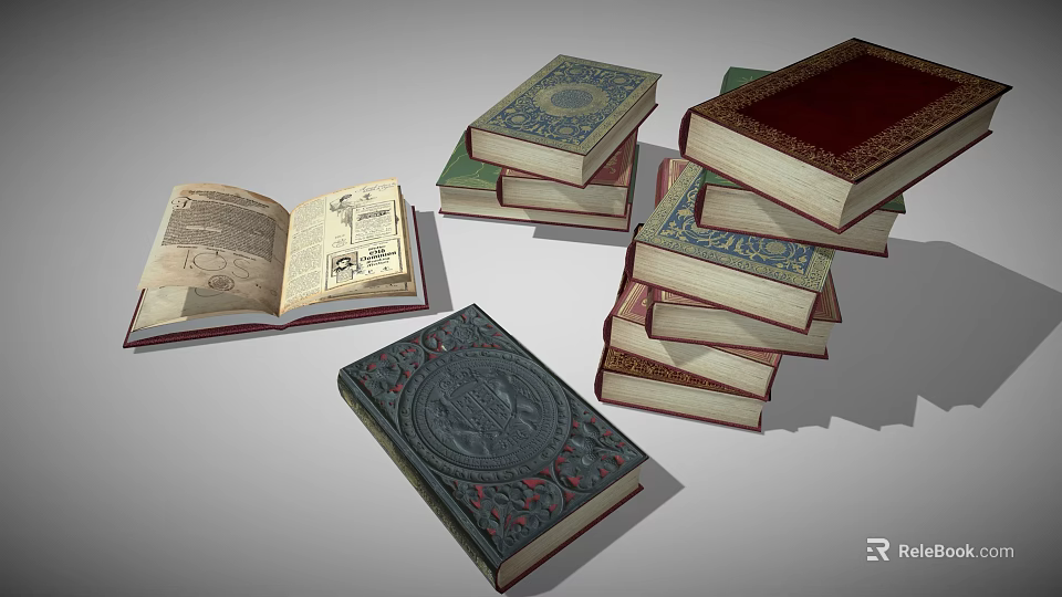 Vintage Books Collection With Stacked Hardcovers And Open Illustrated Pages 3d model 