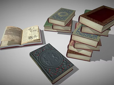 Vintage Books Collection With Stacked Hardcovers And Open Illustrated Pages 3d model