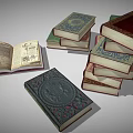 Vintage Books Collection With Stacked Hardcovers And Open Illustrated Pages