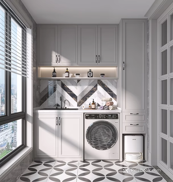 Bright Home Balcony With White Cabinets Washing Machine Window Blinds And Geometric Tile Backsplash 3d model 
