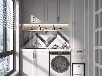 Bright Home Balcony With White Cabinets Washing Machine Window Blinds And Geometric Tile Backsplash 3d model