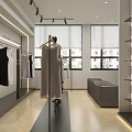 Modern Lady Clothing Store With Mannequin And Hanging White Black Dresses On Racks