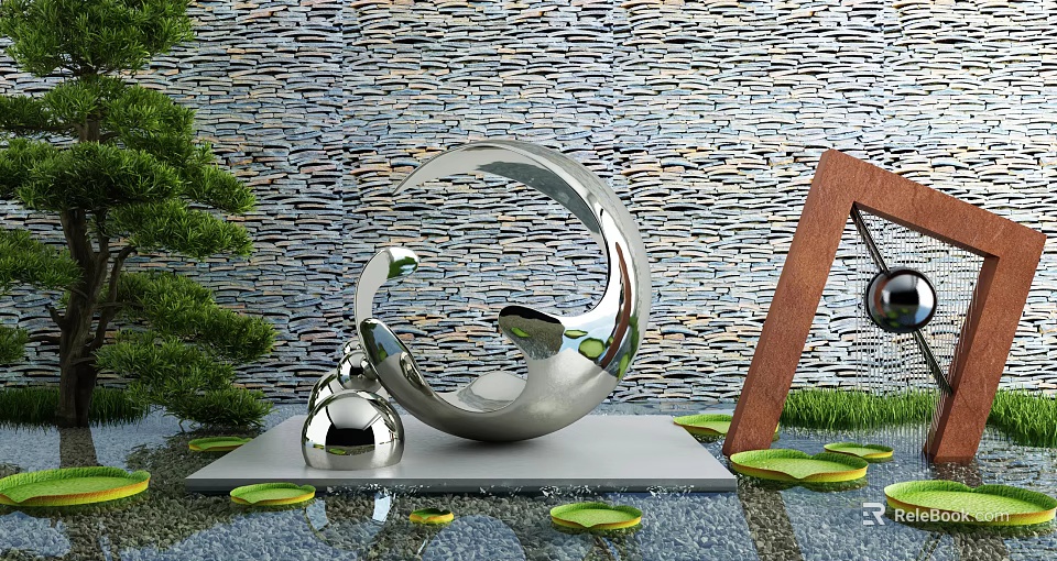 Modern Courtyard Garden Featuring Metallic Sculpture Stone Wall Green Plants And Lotus Leaves On Water 3d model 