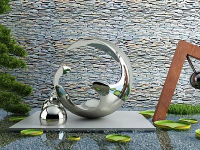 Modern Courtyard Garden Featuring Metallic Sculpture Stone Wall Green Plants And Lotus Leaves On Water 3d model