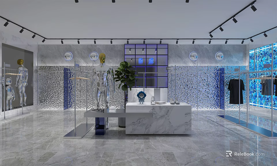 Modern Clothing Store Interior Design With Mannequin Marble Counter And Green Plant 3d model 