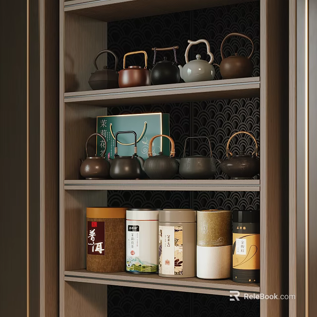 Traditional Tea Set Display On Wooden Shelf With Assorted Teapots And Tea Cans 3d model 