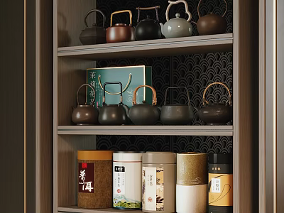 Traditional Tea Set Display On Wooden Shelf With Assorted Teapots And Tea Cans 3d model