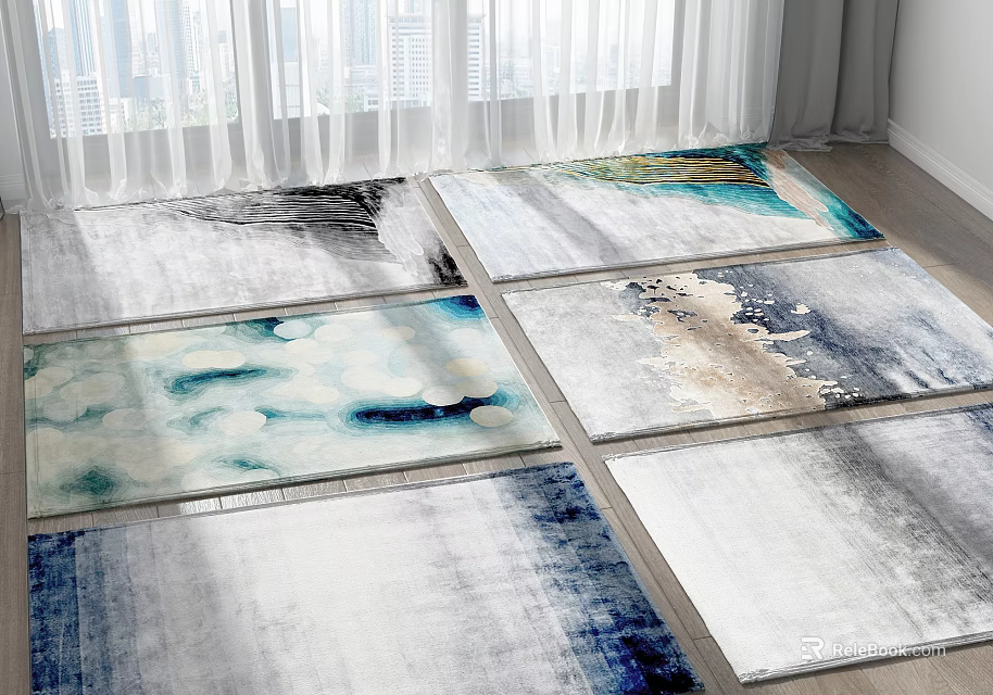 Modern Square Rugs With Abstract Blue Gray White Patterns For Indoor Living Room Spaces 3d model 