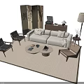 Modern White Sofa Coffee Table Set With Round Tables Chairs And Beige Rug 3d model
