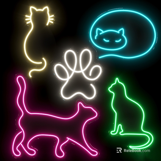 Neon Unique-shaped Wall Lamp With Cat Silhouettes Paw Print And Vibrant Colors 3d model 