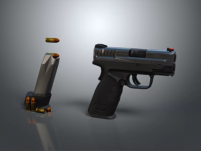 Modern Tactical Pistol With Magazine And Bullets Displayed On Gray Background 3d model