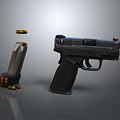 Modern Tactical Pistol With Magazine And Bullets Displayed On Gray Background