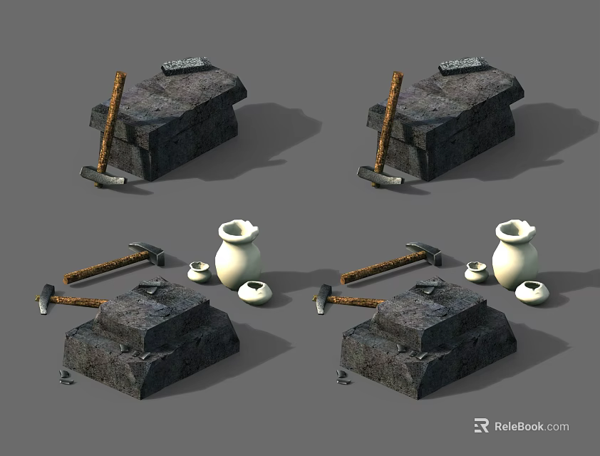 Ancient Weapon Hammer Placed On Stone Anvil With Ceramic Pottery Jars 3d model