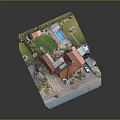 Cartoon Scenic Residential Aerial View With Red Roof Houses Green Lawn Swimming Pool And Cars