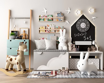 Cute Rabbit Dolls and Giraffe Rocking Horse in Kids Room with Toys and Decorative Stars 3d model