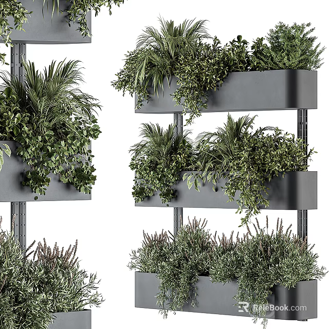 Lush Green Bonsai Potted Plants On Multi Tiered Modern Gray Shelf 3d model 