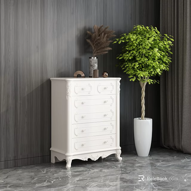 Elegant White Chest of Drawers with Carved Design and Multiple Drawers Near Tall Green Plant 3d model 
