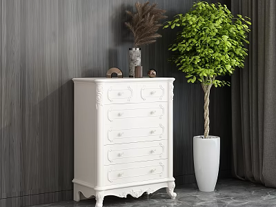Elegant White Chest of Drawers with Carved Design and Multiple Drawers Near Tall Green Plant 3d model