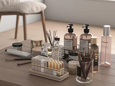 Modern Bathroom Accessories Display With Various Items On Wooden Table 3d model