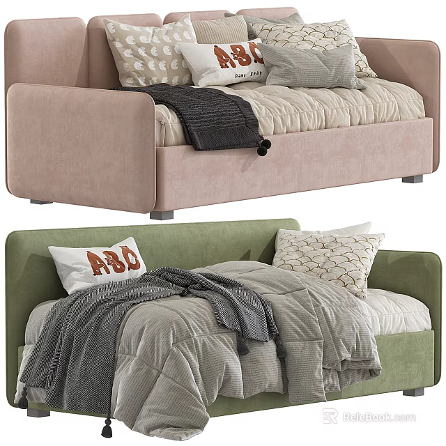 Stylish Pink And Green Sofa Bed Interior With Decorative Pillows And Soft Blankets 3d model 